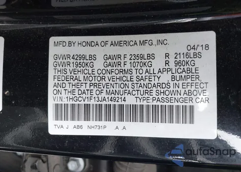 2018 Honda Accord Lx из США, поврежденный, VIN 1HGCV1F13JA149214